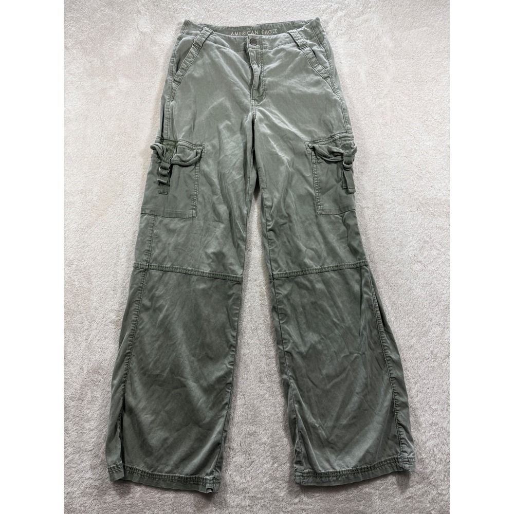 American Eagle Womens Super High-Rise Baggy Wide Olive Cargo Pants 0 Meas26x29.5